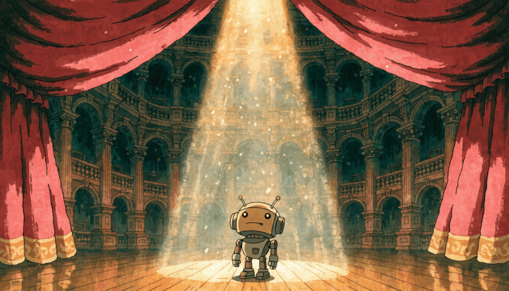 Piccolo robot solo su un grande palco illuminato con sipario rosso, stile Ghibli: grande annuncio, piccola sostanza