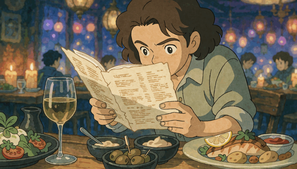 Persona legge il menu al ristorante a lume di candela, stile Ghibli - psicologia del menu e menu engineering