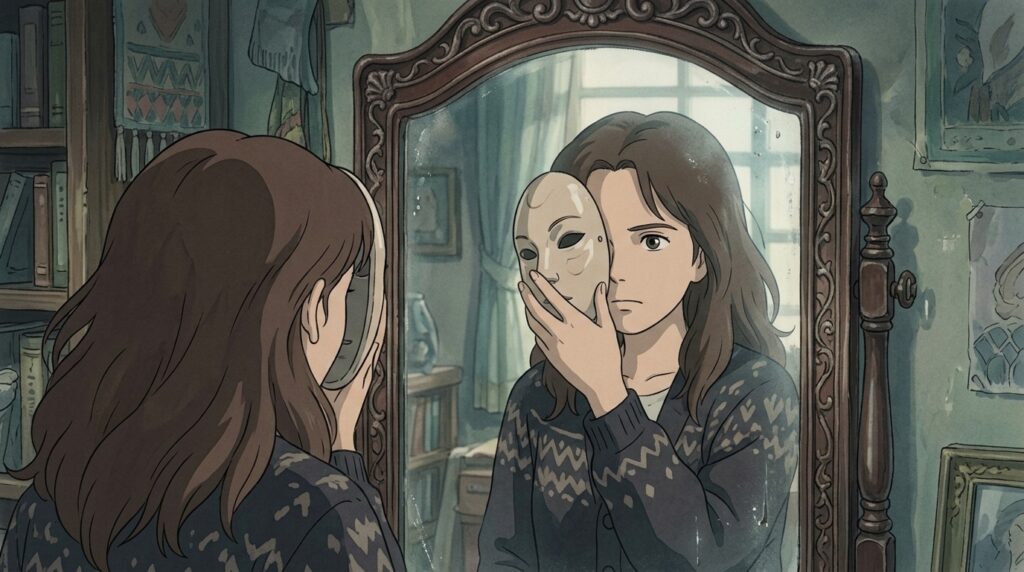 Illustrazione in stile Ghibli sul tema deepfake