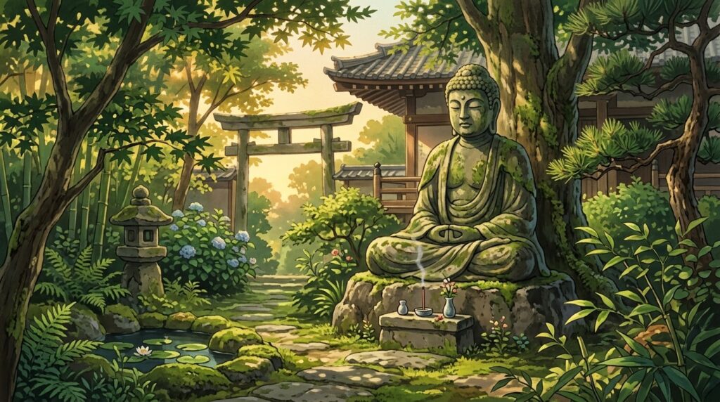 Illustrazione Ghibli del Buddha in un giardino del tempio