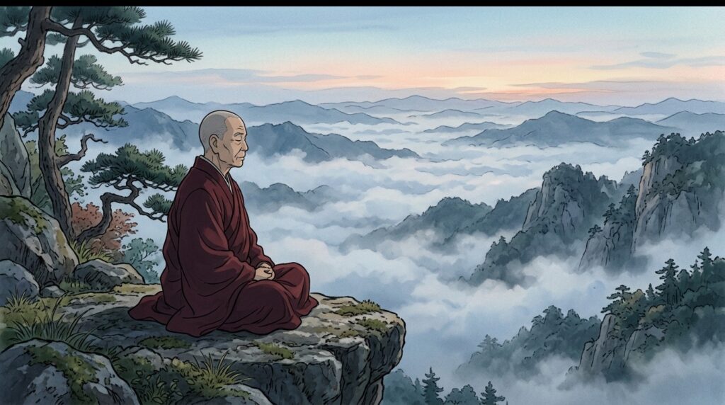 Illustrazione Ghibli di un monaco in meditazione tra le montagne
