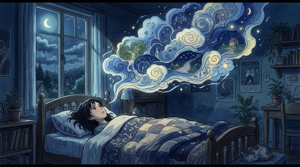 Illustrazione in stile Ghibli sul tema overthinking