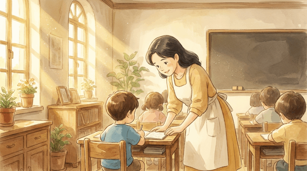 Insegnante che si china incoraggiante accanto al banco di un bambino in una classe illuminata dal sole