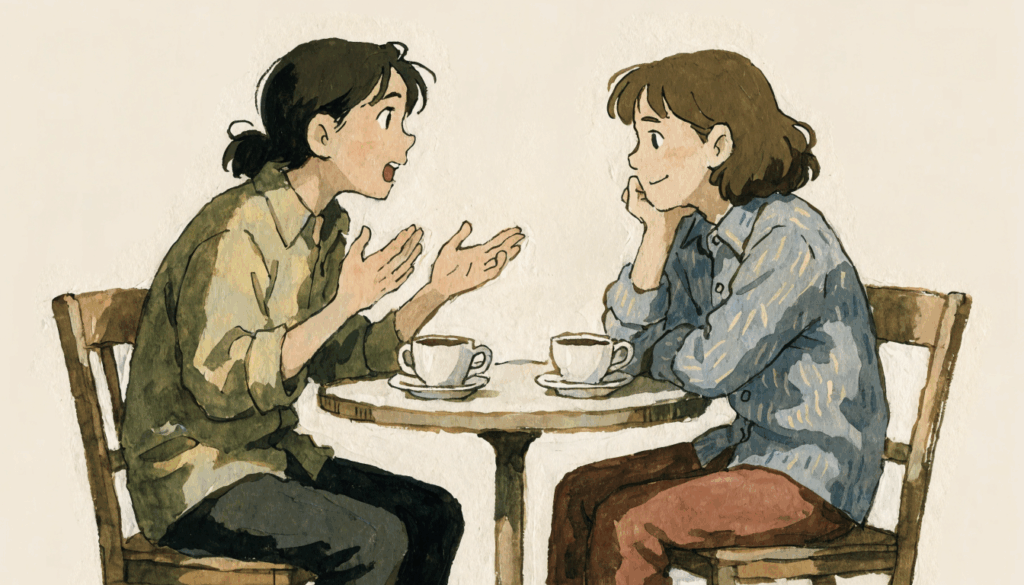 Small talk: due persone chiacchierano a un tavolino, illustrazione