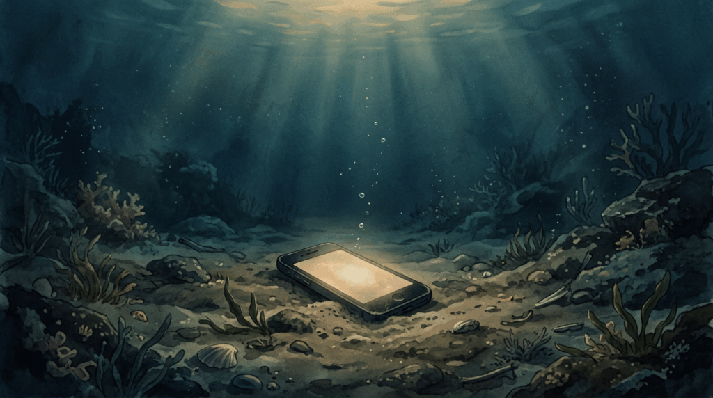 Illustrazione stile Ghibli: uno smartphone posato sul fondo del mare scuro, lo schermo ancora fioco di luce dorata, raggi che filtrano dalla superficie — il video che nessuno ha mai caricato