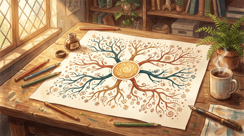 Mappa mentale colorata disegnata a mano su una scrivania, illustrazione in stile Ghibli