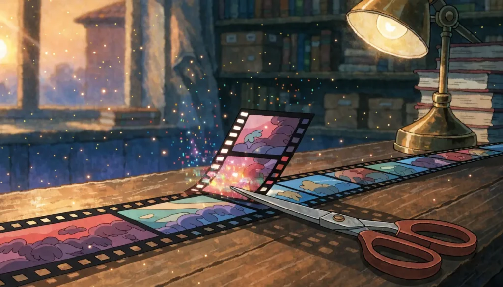 Illustrazione: una pellicola cinematografica su una scrivania, un paio di forbici taglia un fotogramma che si dissolve in scintille