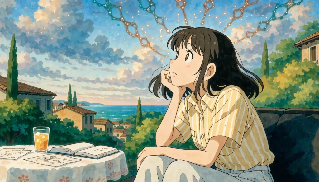 Illustrazione in stile Studio Ghibli: una ragazza pensierosa su una terrazza sul mare al tramonto d'agosto, con costellazioni luminose simili a connessioni neurali nel cielo