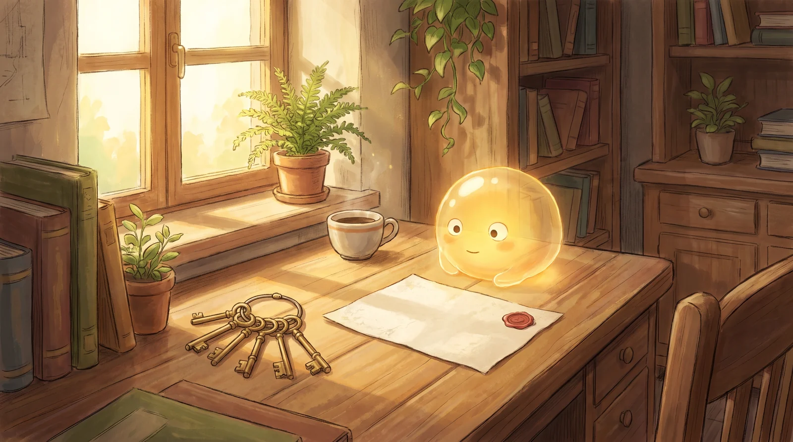 Una piccola luce dorata aspetta accanto a un mazzo di chiavi e a un foglio col sigillo, come se chiedesse il permesso
