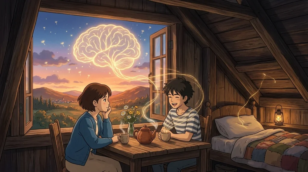 Illustrazione in stile Ghibli: due amici bevono il tè in una soffitta al tramonto, e dalla tazza e dal sorriso salgono fili dorati che fuori dalla finestra formano un grande cervello luminoso