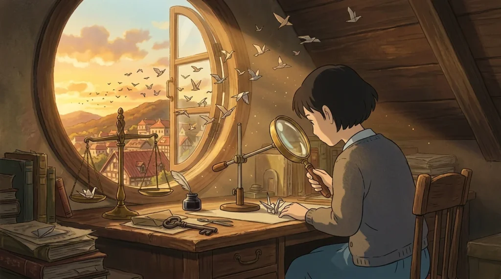 Illustrazione in stile Ghibli: in una soffitta al tramonto una ragazza esamina con una lente un uccellino di carta, mentre centinaia di altri volano fuori dalla finestra tonda