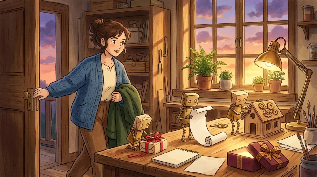 Illustrazione in stile Ghibli: una donna esce dal laboratorio al tramonto mentre piccoli aiutanti meccanici di ottone e carta continuano a lavorare sulla scrivania, accanto a un pacco regalo