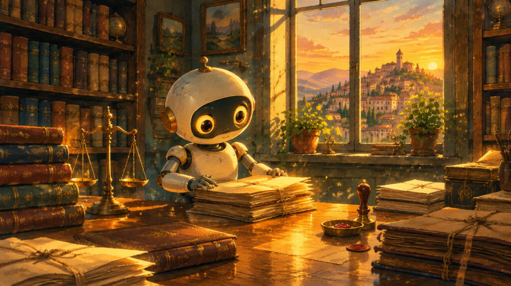 Robot assistente che organizza documenti in uno studio professionale, illustrazione per AI e commercialisti