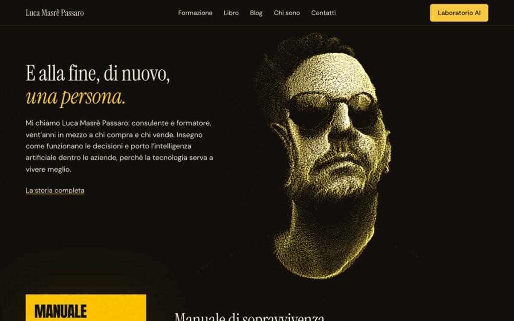 Il volto di Luca composto da migliaia di particelle dorate, ultimo passaggio della home 3D di lucamasrepassaro.com