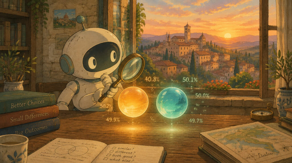 Piccolo robot con lente di ingrandimento confronta due sfere luminose sopra una scrivania, borgo collinare italiano al tramonto sullo sfondo