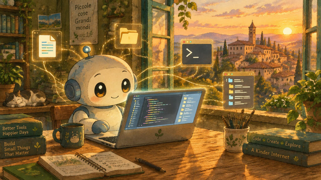 Piccolo robot alla scrivania con un laptop che mostra file di codice, borgo collinare italiano al tramonto sullo sfondo