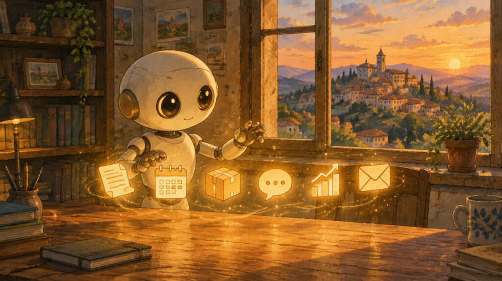 Piccolo robot assistente che organizza fatture, calendario, spedizioni e messaggi: illustrazione per Claude for Small Business