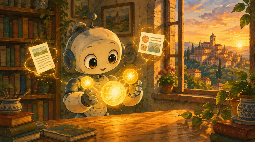 Robot che unisce due sfere di luce, illustrazione per Claude Docs e Slides e la fusione di Cowork nella chat