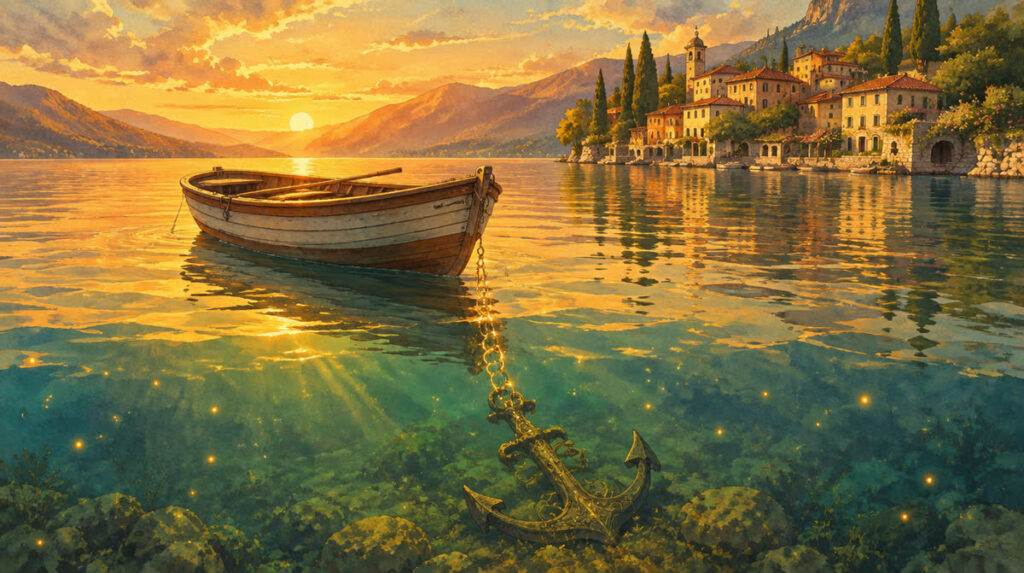Barca ancorata su un lago al tramonto, metafora dell'effetto ancoraggio in psicologia
