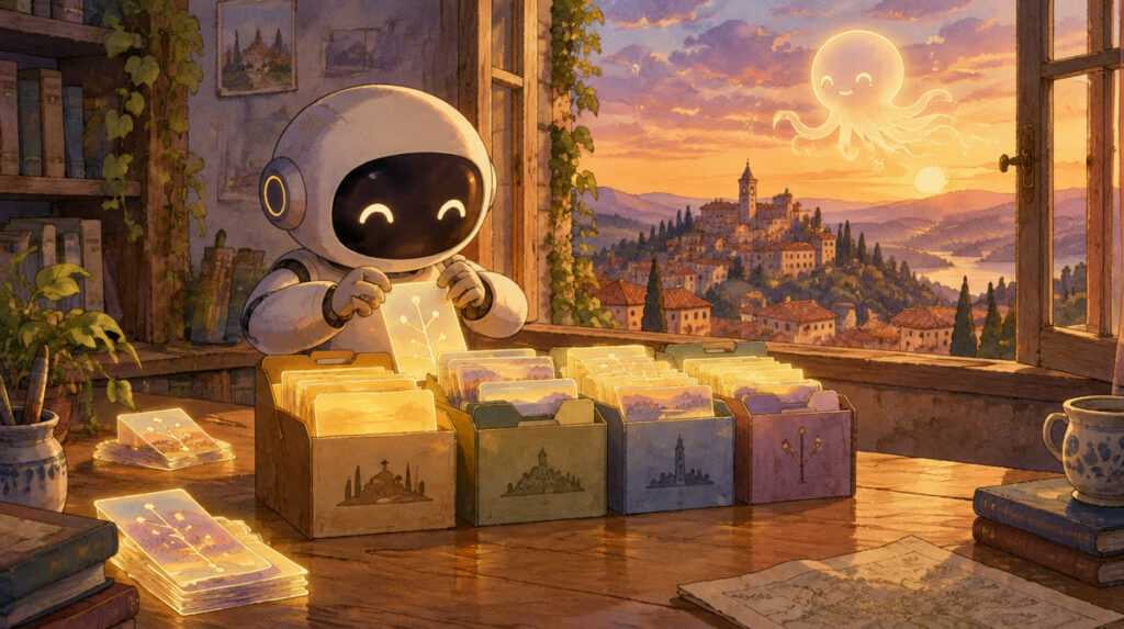 Piccolo robot che organizza cartelle e schede luminose su una scrivania, borgo collinare italiano al tramonto sullo sfondo