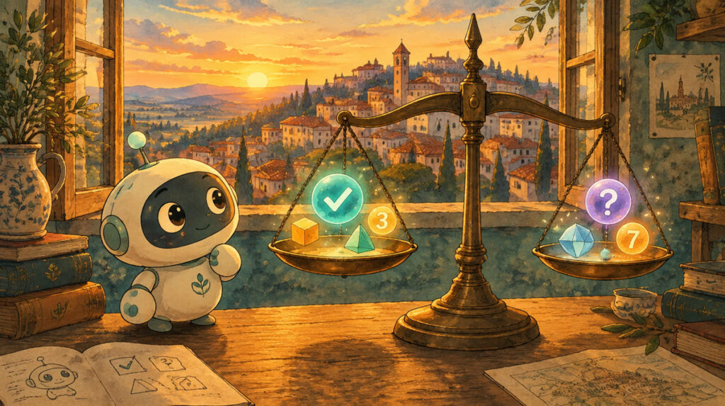 Piccolo robot accanto a una bilancia con simboli luminosi che si posano istantaneamente sui piatti, borgo collinare italiano al tramonto sullo sfondo