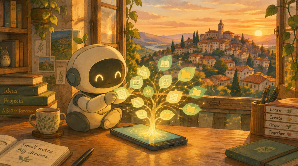 Piccolo robot che cura un albero luminoso di note collegate accanto a uno smartphone, borgo collinare italiano al tramonto sullo sfondo