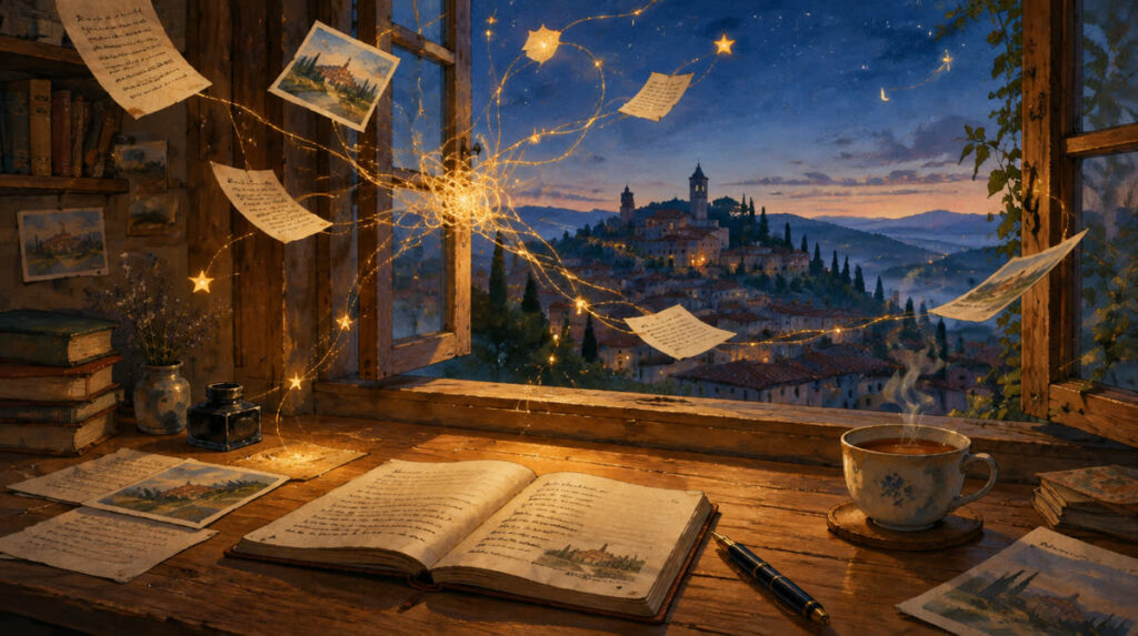 Scrivania con quaderno e lume, finestra su un borgo collinare all'alba, fili di luce dorata che collegano stelle e fogli sparsi