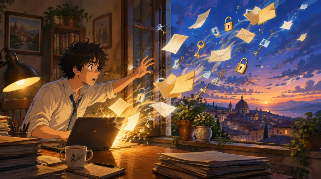 Cosa non scrivere in ChatGPT: un impiegato alla scrivania vede documenti, buste, chiavi e lucchetti volare fuori dal portatile e dalla finestra