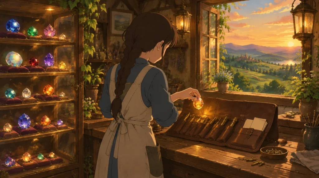 Illustrazione in stile Ghibli: un'artigiana in una bottega al tramonto sposta una gemma luminosa da una vetrina a un rotolo di attrezzi da lavoro