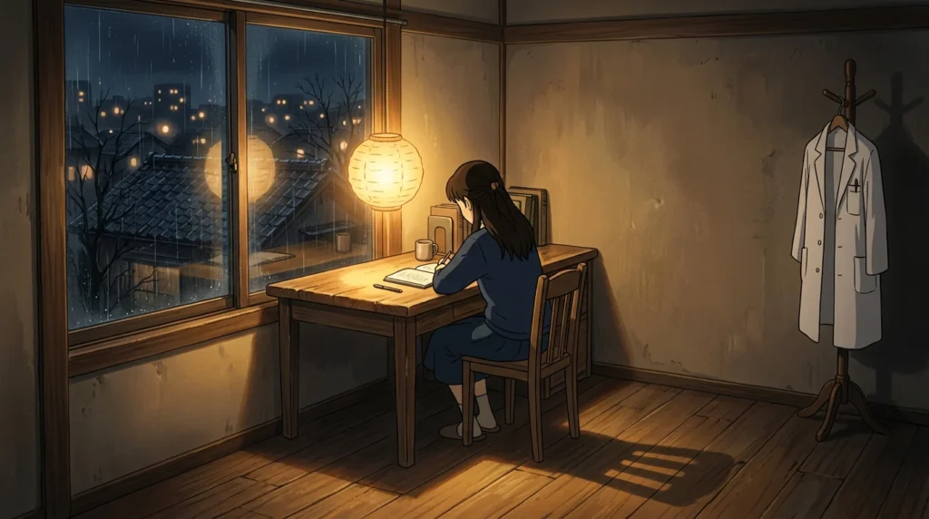 Illustrazione in stile Ghibli: una ragazza di spalle scrive a una scrivania di notte, illuminata da una lanterna di carta, mentre un camice da medico resta appeso nell'ombra
