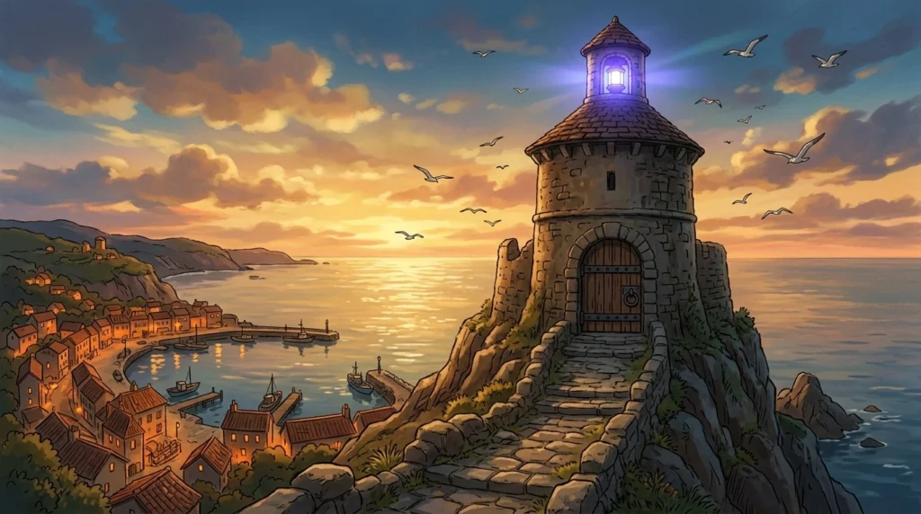 Torre di guardia su una scogliera con una lanterna viola-blu accesa, sopra un paese di mare al tramonto, illustrazione in stile Ghibli