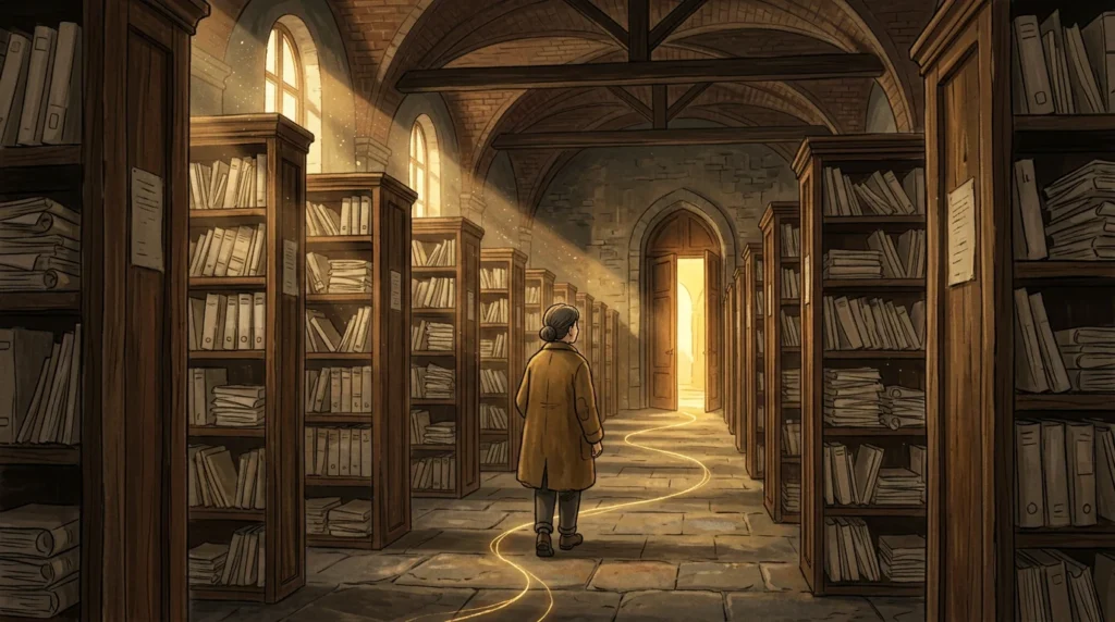 Illustrazione: una donna segue un filo d'oro fra gli scaffali di un vecchio archivio, verso una porta aperta piena di luce