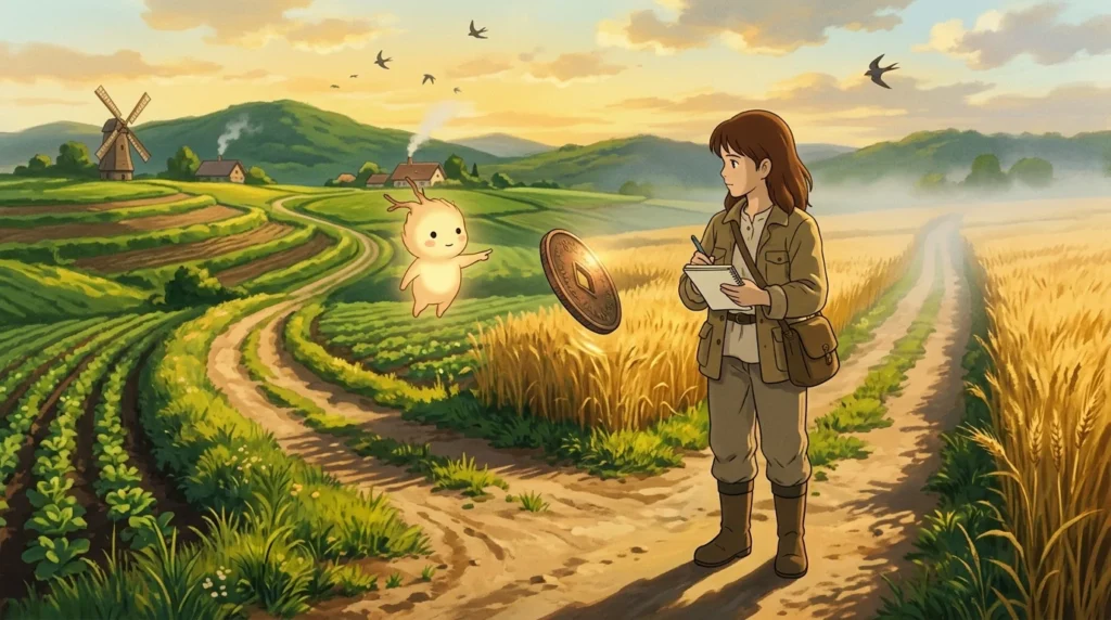 Illustrazione in stile Ghibli: una consulente agricola a un bivio fra i campi, uno spiritello luminoso le indica una strada e una moneta di rame gira nell'aria