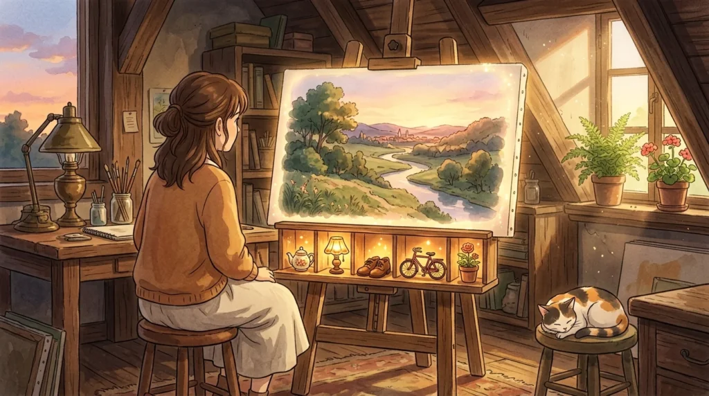 Illustrazione: una ragazza guarda un quadro che prende forma su un cavalletto, mentre sotto si accende una piccola vetrina di oggetti in vendita