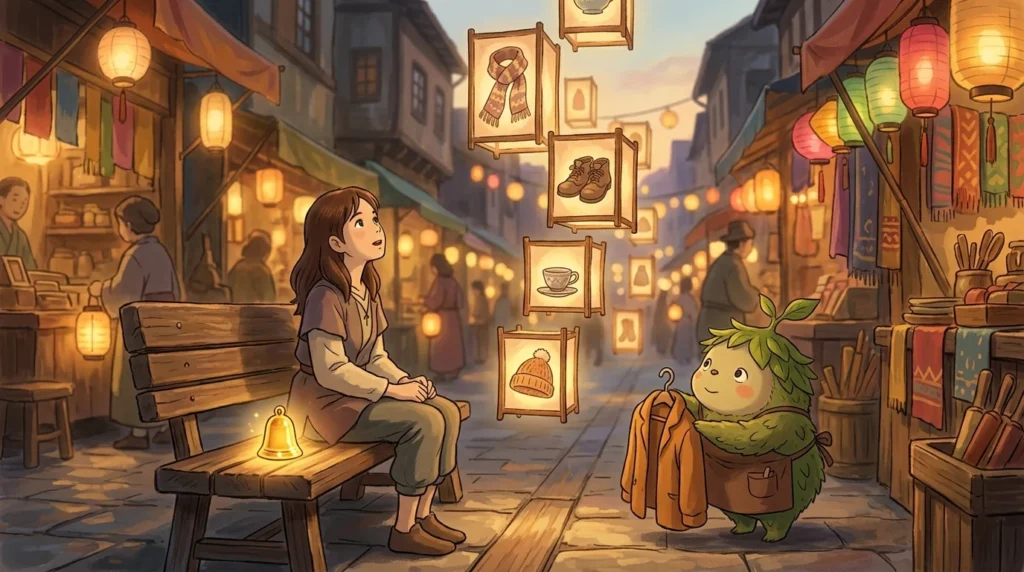 Illustrazione in stile Ghibli: una ragazza su una panchina in un mercato illuminato da lanterne, mentre un piccolo spirito commesso le porge una giacca e accanto a lei brilla un campanello dorato