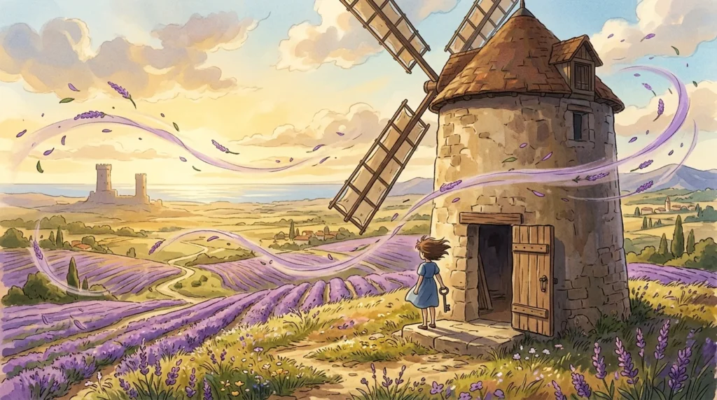 Mulino a vento di pietra sopra i campi di lavanda spazzati dal vento, una bambina di spalle con una grande chiave di ferro in mano e due torri lontane all'orizzonte