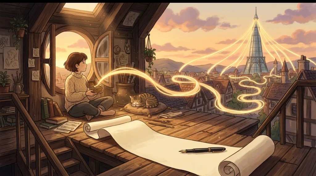 Illustrazione in stile Ghibli: in una soffitta al tramonto una ragazza tiene un carillon da cui escono nastri di luce dorata diretti verso una torre di vetro lontana, mentre sul pavimento si srotola un lunghissimo contratto bianco con una penna stilografica