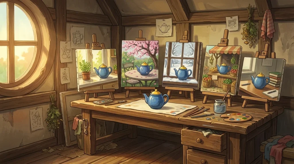 Illustrazione in stile Ghibli: in una soffitta da pittore la stessa teiera blu dal coperchio giallo compare identica in cinque quadri, in cucina, in giardino, d'inverno, al mercato e in ufficio