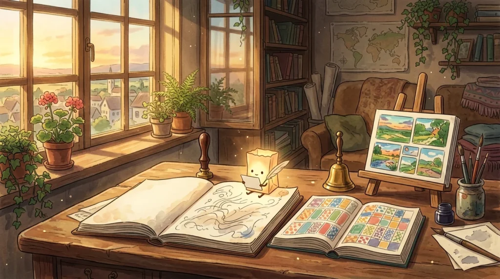 Studio illustrato al tramonto: su una scrivania un quaderno aperto, un registro a quadretti colorati e un cavalletto con piccoli quadri, e una lanterna di carta con una penna d'oca che chiede il permesso prima di scrivere