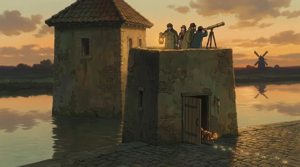 Illustrazione in stile Ghibli: sentinelle col cannocchiale in cima a una torre sul canale, mentre una volpe meccanica entra dalla porta di servizio
