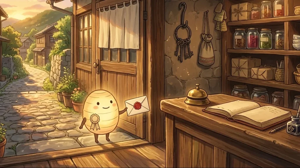 Illustrazione in stile Ghibli: una piccola lanterna di carta con un nastrino si presenta sulla soglia di una bottega di paese e porge una lettera sigillata, accanto al bancone con il campanello