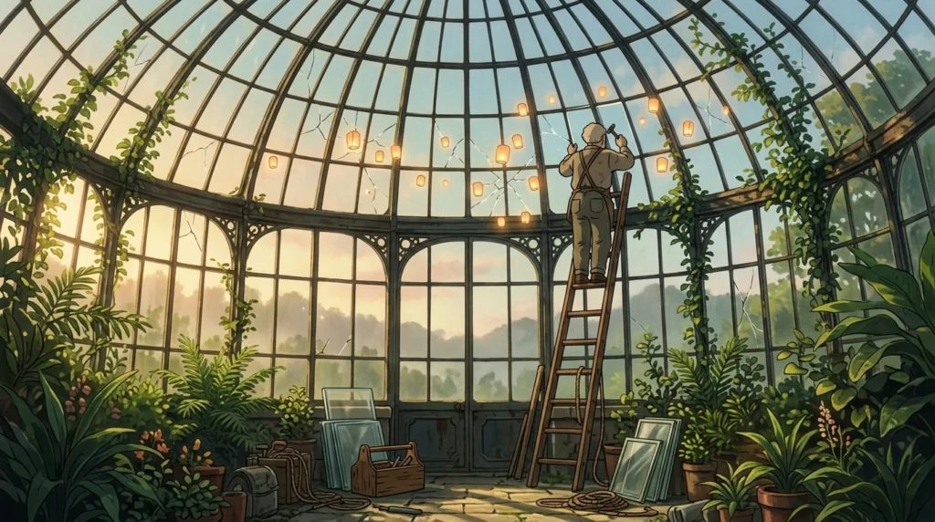 Illustrazione in stile Ghibli: un vetraio su una scala ripara una grande serra di vetro all'alba, mentre piccole lanterne luminose segnalano le crepe nei vetri