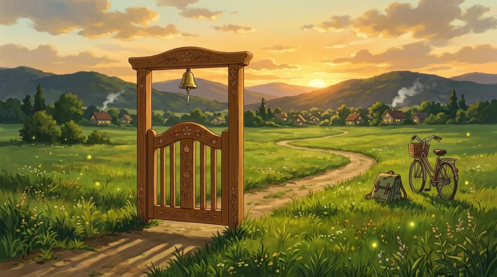 Illustrazione: un cancello di legno decorato con una campanella in mezzo a un prato senza recinto, il sentiero gli passa accanto; vicino uno zaino di scuola e una bicicletta