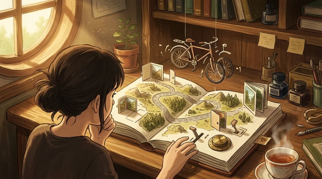 Illustrazione in stile Ghibli: una ragazza alla scrivania guarda un quaderno aperto che si trasforma in un mondo di carta a rilievo, con una strada, levette, una manopola e una bicicletta scomposta in aria