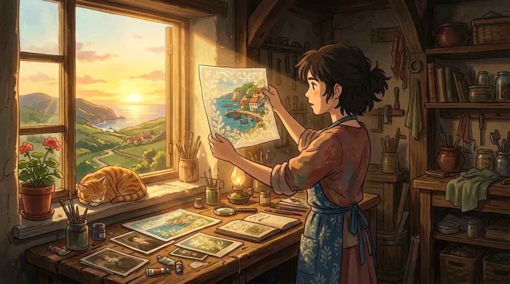 Illustrazione in stile anime: una ragazza in un laboratorio controluce osserva un quadro in cui appare un disegno nascosto, sul tavolo altre immagini con e senza il segno