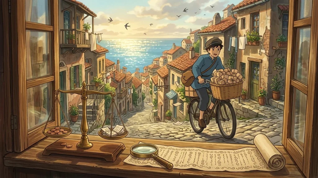Illustrazione in stile anime: un giovane fattorino in bicicletta carico di pacchetti scende per un paese sul mare, in primo piano una bilancia d'ottone con monetine e foglietti e una lente su una lunga pergamena