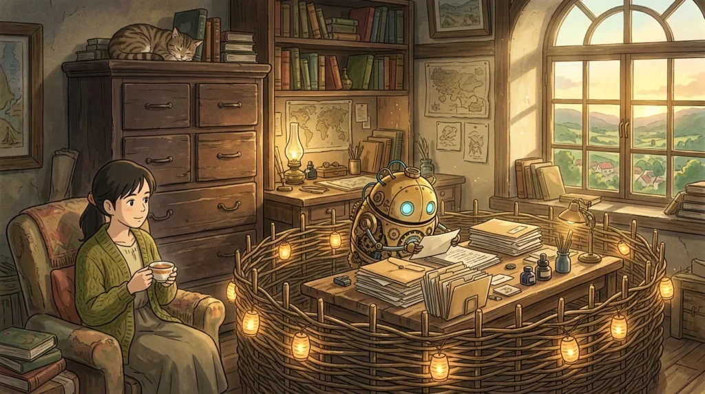 Illustrazione in stile Ghibli: un piccolo aiutante meccanico riordina documenti dentro un recinto di vimini con lanterne, mentre una donna lo osserva tranquilla dalla poltrona