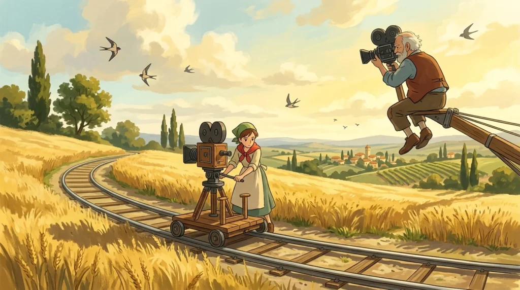 Illustrazione: una cinepresa d'epoca su un carrello che corre sui binari in un campo di grano, e un operatore su una gru