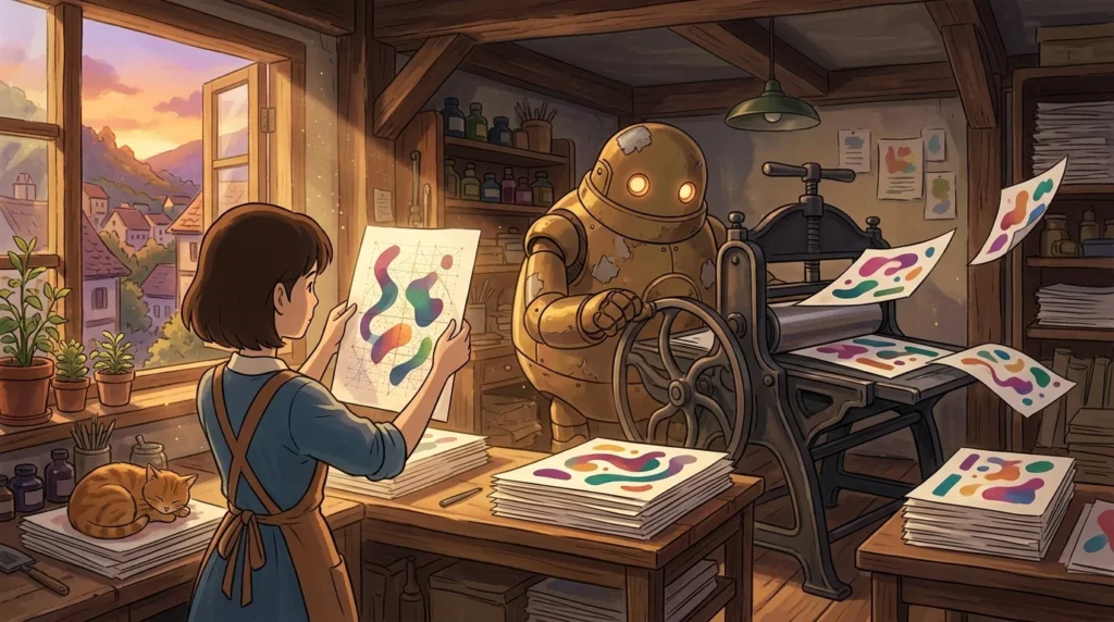 Illustrazione in stile Ghibli: in una tipografia di paese un automa d'ottone stampa fogli colorati, mentre una ragazza ne guarda uno controluce e scopre la griglia nascosta del disegno