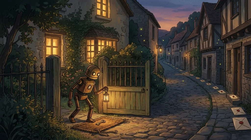 Un piccolo robot di ottone con una lanterna apre un cancello in un villaggio al tramonto, una chiave sotto lo zerbino e buste sigillate su ogni soglia